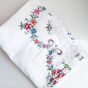 Vintage Antique Cross Stich Embroidered Crochet Large Tablecloth